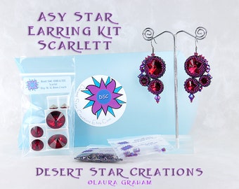 Scarlett Fuchsia Asy Star Earring Kit, Elegant, Bold Earring Kit, Swarovski Crystal Seed Bead Beadweaving Kit, DIY Beading Kit, Laura Graham