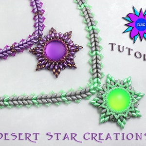 May include: Two beaded star pendants with purple and green glass cabochons, attached to a beaded necklace. The necklace is made with purple and green beads. The image includes the text "TUTORIAL" and "DESERT STAR CREATIONS".