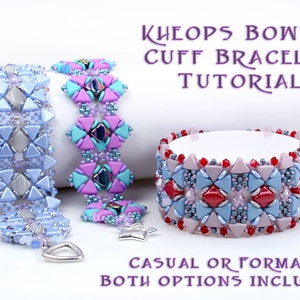 May include: Three beaded bracelets in different colour combinations, including blue, pink, and turquoise. The bracelets are made with small, faceted beads and are arranged in a geometric pattern. The bracelets are displayed on a white surface with the text "KHEOPS BOWTIE CUFF BRACELET TUTORIAL CASUAL OR FORMAL BOTH OPTIONS INCLUDED".