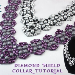 Czech Cab Bead DiamonDuo Necklace Pattern, Diamond Shield Collar Necklace Tutorial, Beadweaving Tutorial, Modified Peyote RAW Instruction