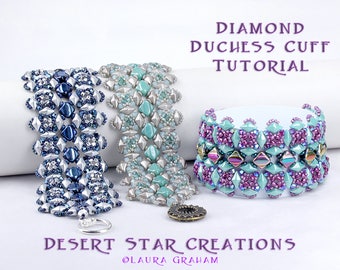 Diamond Duchess Cuff Bracelet Tutorial, Beadweaving Pattern, Two Hole Modified RAW PDF Instructions, Silky Bead, DiamonDuo Czech Bead