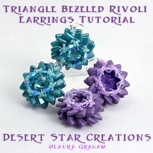 May include: Triangle Bezelled Rivoli Earrings Tutorial by Desert Star Creations. Three pairs of earrings are shown, one pair is teal with iridescent blue rhinestones, one pair is purple with clear rhinestones, and one pair is purple with light purple rhinestones.