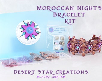 Moroccan Nights Copper Pink Bracelet Kit, Ginko Beads, Kite Bead, Swarovski Crystal Chatons, Beadweaving Cuff Kit, Beads and Crystals DIY