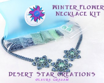 Winter Flower Necklace Bead Kit in Mint Green Blue, Arcos, Minos Par Puca, Swarovski Crystal, Beadweaving Necklace Beading Kit, Beadwork Mag