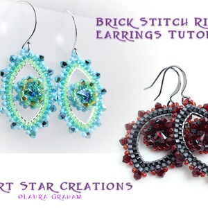 May include: Two pairs of beaded earrings with a brick stitch design. The earrings feature a large, faceted crystal in the center and are surrounded by smaller beads in shades of blue, green, red, and black. The earrings are labeled "Brick Stitch Rivoli Earrings Tutorial" and "Desert Star Creations".