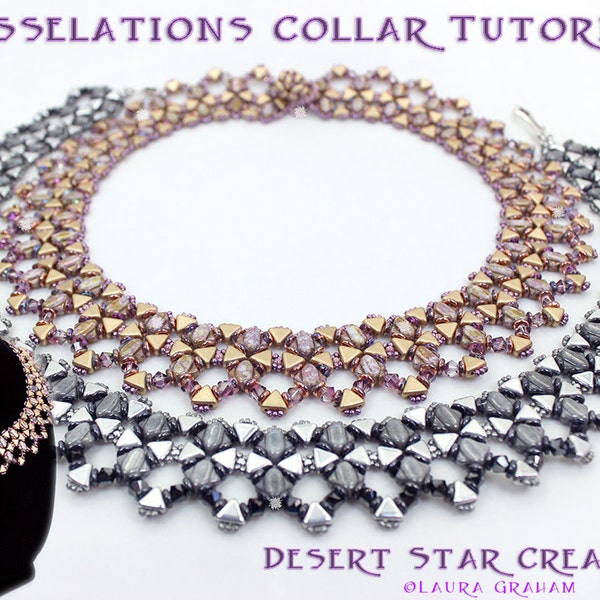 Silky Kheop Tesselations Collar Tutorial, Beadweaving Necklace Bracelet Pattern, Two Hole Bead Collar Cuff Set Instructions, Laura Graham