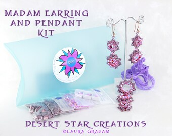 Madam Earring and Pendant Kit in Vega Rose Pink, Super Kheops Par Puca, Swarovski Crystal, Seed Beads, Beadweaving Set Kit