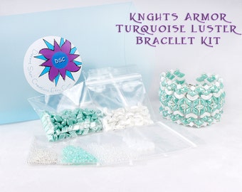 Knights Armor Bracelet Bead Kit in Turquoise Shimmer White, Arcos, DiamonDuo, Swarovski Crystal, Beadweaving Bracelet Kit, Beaded Cuff Kit