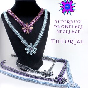 SuperDuo wintersneeuwvlok kettingpatroon, visgraatsteek twee gaten rocaille-tutorial, PDF-instructies, Laura Graham Design
