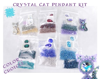 Beaded Crystal Cat Pendant Kit, 3D Beaded Animal, Swarovski Crystal Rivoli Pear Bezel Kit, Seed Bead Delica Beadweaving Kit, Color Choice