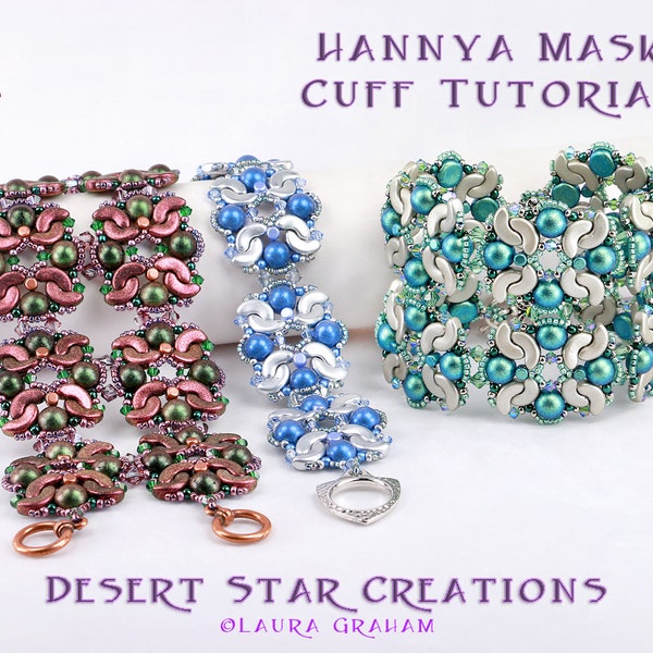 Hannya Mask Cuff Bracelet Tutorial, Cz Mated Cab, Arcos Pattern, Minos Bead Beadweaving Thick Cuff, Two Hole Bead Instructions, Laura Graham