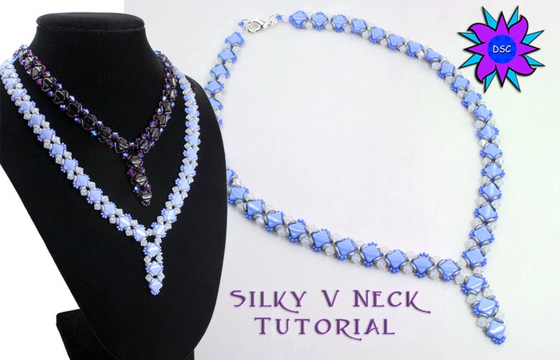 Silky V Neck Beading Tutorial, Two Hole Diamond Necklace Pattern, O bead, Tri Bead Swarovski Crystal PDF, Laura Graham Design image 1