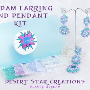 Madam Earring and Pendant Kit in Turquoise Vitrail Opal, Super Kheops Par Puca, Swarovski Crystal, Seed Beads, Beadweaving Set Kit