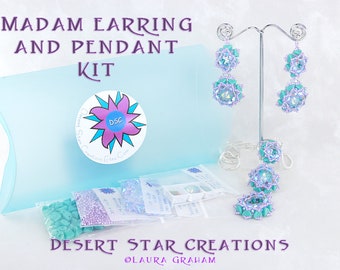 Madam Earring and Pendant Kit in Turquoise Vitrail Opal, Super Kheops Par Puca, Swarovski Crystal, Seed Beads, Beadweaving Set Kit