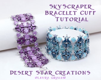 Sky Scraper Bracelet Cuff Tutorial, Tango Kheop Silky Beadweaving Pattern. Two Hole Beading PDF Instructions, Laura Graham Orig Design