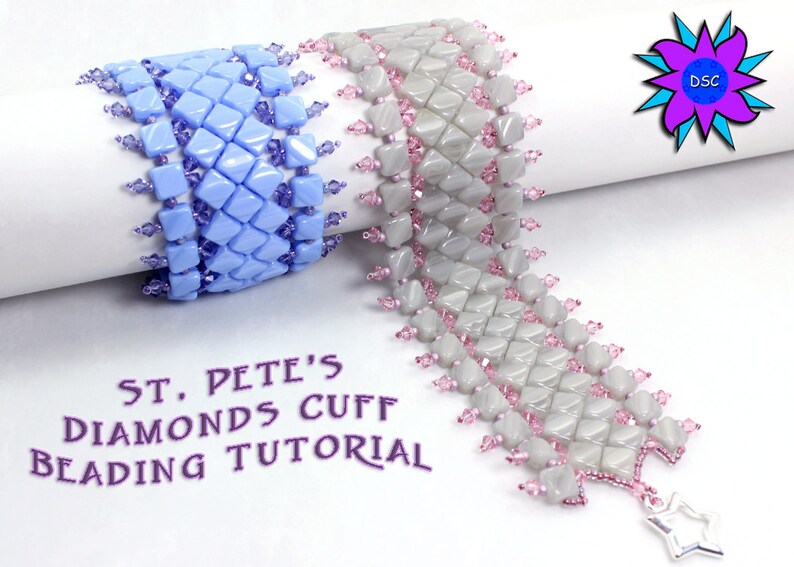 St. Petersburg Diamonds Cuff Bracelet Tutorial, PDF Pattern for Silky Beads, Two-hole Bead Cuff Beading Instructions image 1