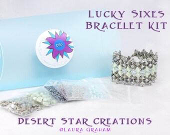 Lucky Sixes Bracelet Kit in Earthy Green Blue Stone, DiamonDuos, Silky Beads, Swarovski Crystal, Beadweaving Bracelet Kit, Beaded Cuff Kit