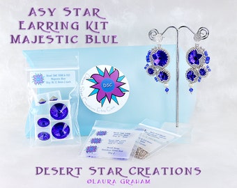 Majestic Blue Asy Star Earring Kit, Elegant, Bold Earring Kit, Swarovski Crystal Seed Bead Beadweaving Kit, DIY Beading Kit, Laura Graham