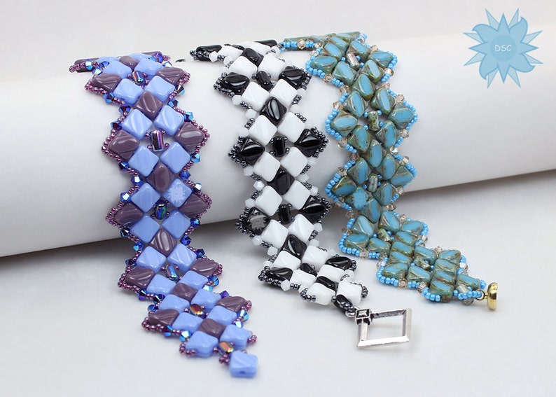 Harlequin Deco Bracelet Pattern, Silky Two Hole Diamond Bracelet Tutorial, Beadweaving Cuff Style Instructions, Laura Graham Design. image 4