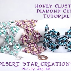 May include: Three beaded bracelets in turquoise, pink, and blue with black accents. The bracelets are made with seed beads and are arranged in a diamond pattern. The bracelets are on a white surface and the text "Honey Cluster Diamond Cuff Tutorial" and "Desert Star Creations" is visible.