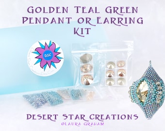 Shiva Earring Ornament Kit in Golden Shadow Teal, 3D Beaded Bead Kit, Blue Green Swarovski Crystal Rivoli Bezel, Peyote Delica Beading Kit