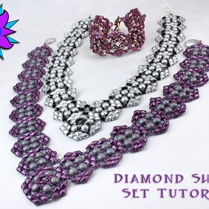 May include: Two beaded necklaces and a bracelet in a diamond shield pattern. One necklace is silver and black, the other is purple and gray. The bracelet is purple. The text "DIAMOND SHIELD SET TUTORIAL" is at the bottom of the image.