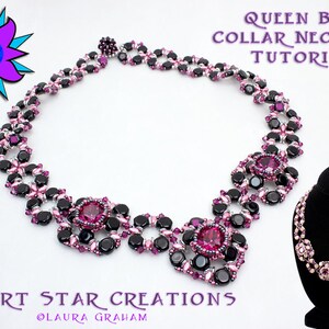 May include: A pink and black beaded necklace with a floral design. The necklace is on a white background and the text "Queen Bee Collar Necklace Tutorial" is above the necklace. The text "Desert Star Creations" is below the necklace.
