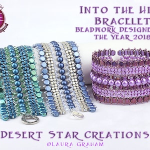 May include: A set of five beaded bracelets in shades of blue, green, and purple. The bracelets are made with small seed beads and larger round beads. The bracelets are arranged on a white surface. The text "INTO THE HIVE BRACELET BEADWORK DESIGNER OF THE YEAR 2018 DESERT STAR CREATIONS OLAURA GRAHAM" is visible in the image.