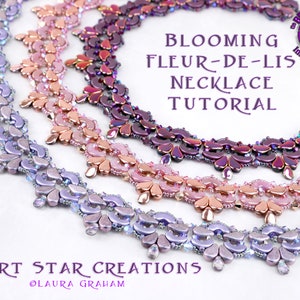 Peut inclure: Trois colliers de perles aux tons de violet, rose et bronze, chacun avec un motif floral. Les colliers sont disposés en cercle. Le texte sur l'image indique "Blooming Fleur-de-Lis Necklace Tutorial."