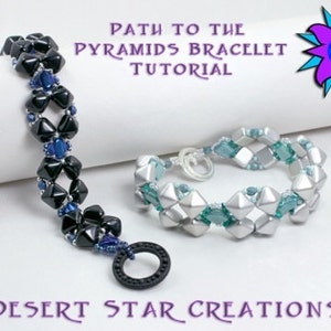 Tutorial per braccialetti Path to the Pyramids, schema per tessitura di perline RAW, PDF per lavorazione di perline piramidali in argento setoso con diamanti, Laura Graham Design