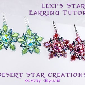 Könnte beinhalten: Ein Paar grüne und blaue sternförmige Ohrringe und ein Paar rosa und rote sternförmige Ohrringe. Die Ohrringe sind perlenbesetzt und haben einen silbernen Haken. Der Bildtext lautet "Lexi's Star Earring Tutorial" und "Desert Star Creations ©Laura Graham".