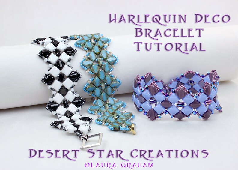 Harlequin Deco Bracelet Pattern, Silky Two Hole Diamond Bracelet Tutorial, Beadweaving Cuff Style Instructions, Laura Graham Design. image 1