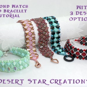 Modello per bracciale con cinturino per orologio con diamanti setosi, tre opzioni di design in un tutorial, modello con perline setose con diamanti a due fori, O Bead, PDF Tri Bead