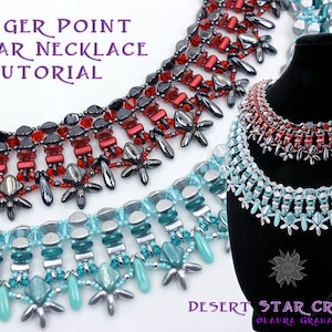 Puede incluir: Tres collares de cuentas en rojo, azul y plateado con un diseño de collar de punta de daga. Los collares se muestran en un maniquí negro y una superficie blanca. La imagen incluye el texto "Dagger Point Collar Necklace Tutorial".