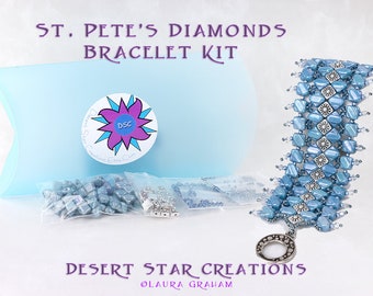 St Petes Diamonds Cuff Bracelet Bead Kit in Denim Blue Silver, Silky Beads, Swarovski Crystal, Cymbal Silky Beadweaving Kit, Beaded Cuff Kit