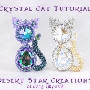 Crystal Cat Beaded Bead Pendant Tutorial, Circular Peyote Stitch Pattern, Pear Stone Rivoli Crystal Bezel Tutorial, Laura Graham Design