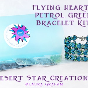 Kit perline bracciale Flying Hearts in verde acqua benzina blu, Minos Par Puca, perline aquilone, kit bracciale tessitura, kit polsino perline, fornitura fai da te