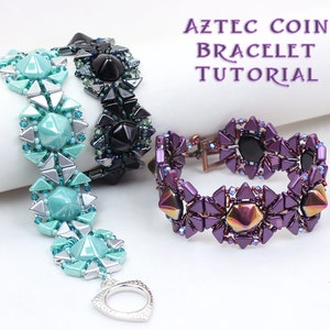 May include: Three beaded bracelets with a geometric design. The bracelets are made with turquoise, black, and purple beads. The bracelets are on a white surface with the text "Aztec Coin Bracelet Tutorial".