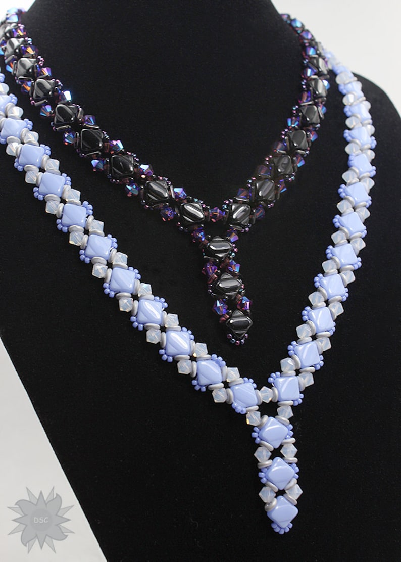 Silky V Neck Beading Tutorial, Two Hole Diamond Necklace Pattern, O bead, Tri Bead Swarovski Crystal PDF, Laura Graham Design image 3