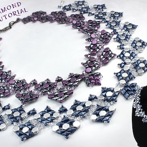May include: Three beaded necklaces in shades of purple, blue and silver. The necklaces are made with small, faceted beads and are arranged in a geometric pattern. The necklaces are called "Honey Diamond Collar Tutorial".