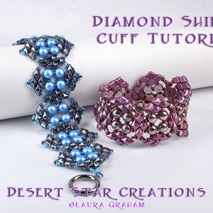 DiamonDuo Shield Cuff Bracelet Pattern, Two Hole Cab Bead Tutorial, Modified Peyote RAW Instructions, DiamonDuo Bead Pattern, Laura Graham