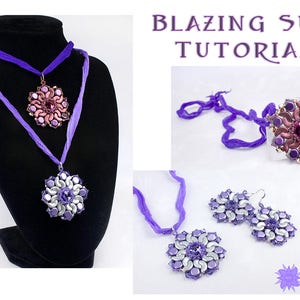 May include: A selection of handmade jewellery with a floral design. The set includes a pendant necklace, a brooch, and a pair of earrings. The pieces are in shades of purple, silver, and pink, with a central gem. The text "BLAZING SUN TUTORIAL" is visible.