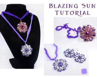 Blazing Sun Pendant and Earring Set Tutorial, Arcos Par Puca Bead Beadweaving Pattern, HoneyComb Bead, Two Hole Bead RAW Beadeding Pattern