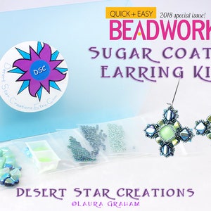May include: A beadwork kit for making sugar coated earrings. The kit includes beads, earring findings, and instructions. The kit is labeled "Desert Star Creations" and "Sugar Coated Earring Kit".