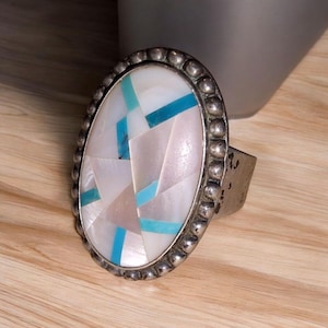 Vintage Carolyn Pollack Ring aus Sterlingsilber mit Perlmutt- und Türkis-Inlay