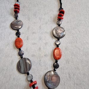 Real Red Coral & Mother-of-Pearl Gemstone Necklace with Faceted Black Glass Beads