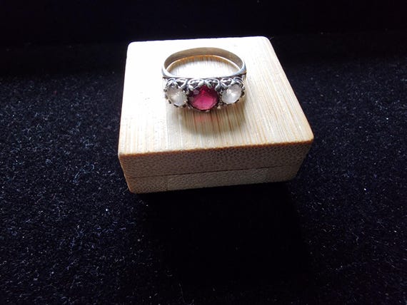 Enchanting Vintage Silver Garnet & White Gem Trilogy Ring | Ornate Antique Style | Hallmarked Silver |