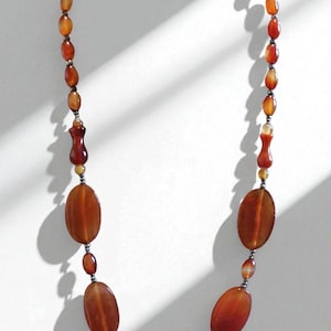 Vintage Carnelian Gemstone Bead Necklace – Oval & Barrel Beads – 18” – Boho Statement Jewelry