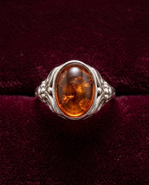 Vintage Valerio Polish Amber Ring – Sterling Silver Cognac Statement (UK S / US 9.25)
