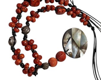 Vintage Natural Red Coral & Mother-of-Pearl Statement Necklace – Re-strung, Good Condition
